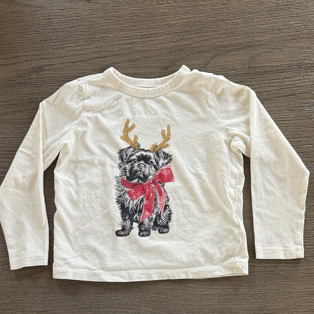 J. Crew Cream sequin Antler Long-Sleeve Tee with Festive Puppy Graphic